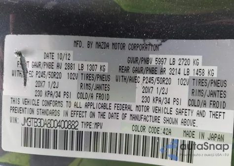 2013 Mazda Cx-9 Grand Touring from USA, damaged, VIN JM3TB3DA8D0400882